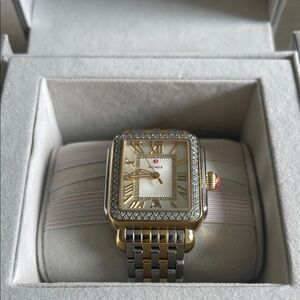 Michele Two-Tone Gold and Silver Diamond Bezel Square Watch with Red Crown